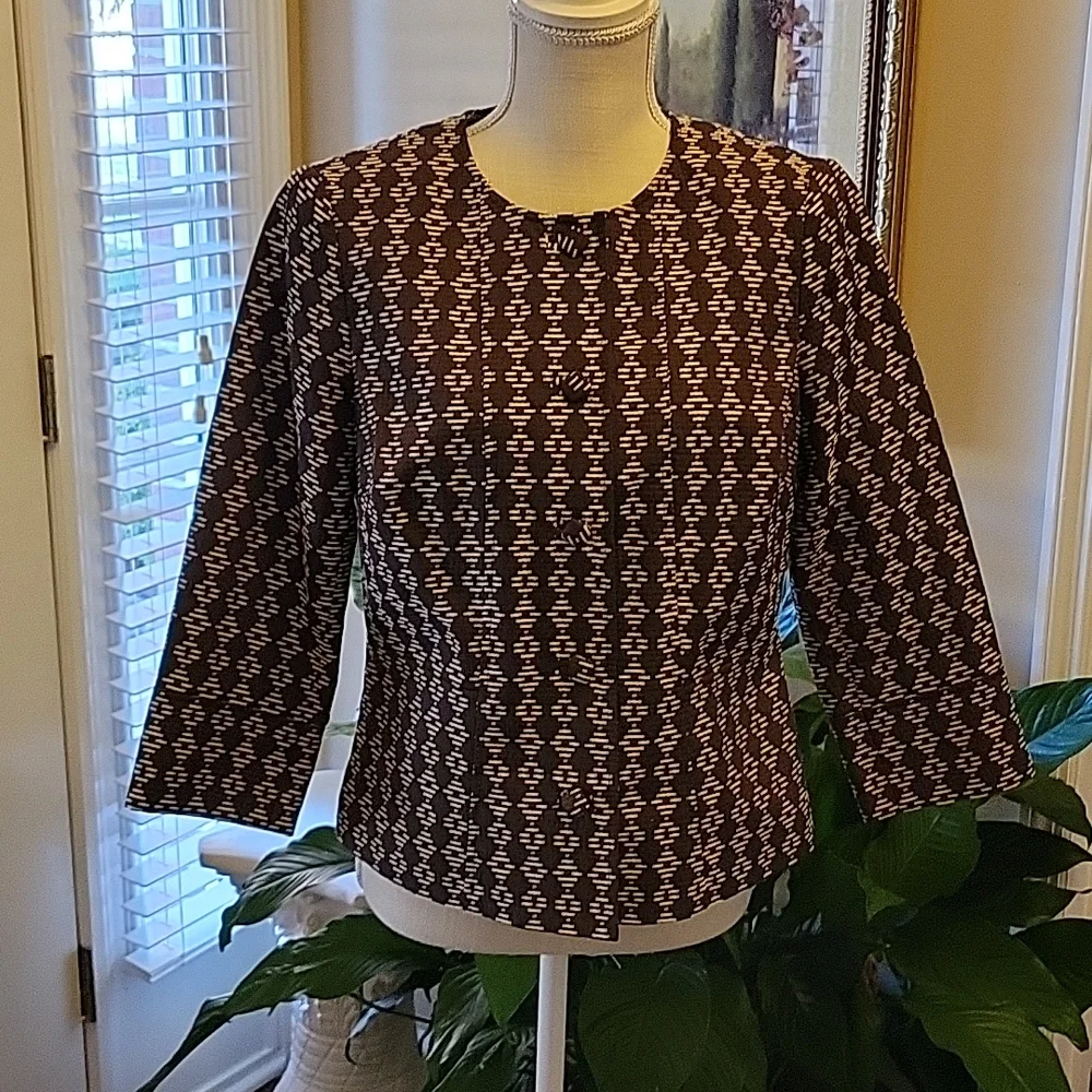 Sigrid Olsen brown cream diamond print  3/4 sleeve short jacket lined sz 8 EUC …